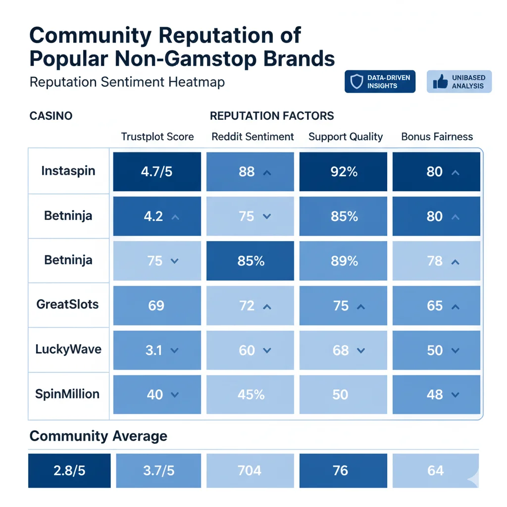 Community reputation heatmap showing Trustpilot scores, Reddit sentiment and withdrawal review ratings for top casinos