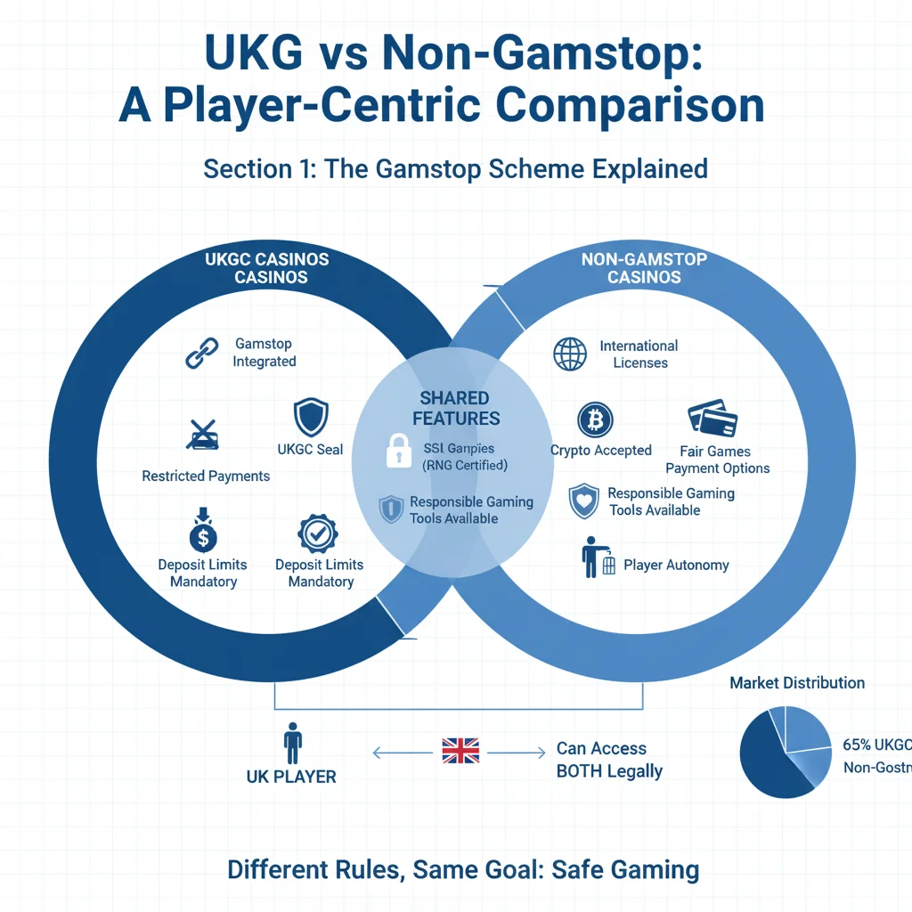 Gamstop ecosystem Venn diagram showing UKGC casinos versus non-Gamstop casinos with shared features and legal access
