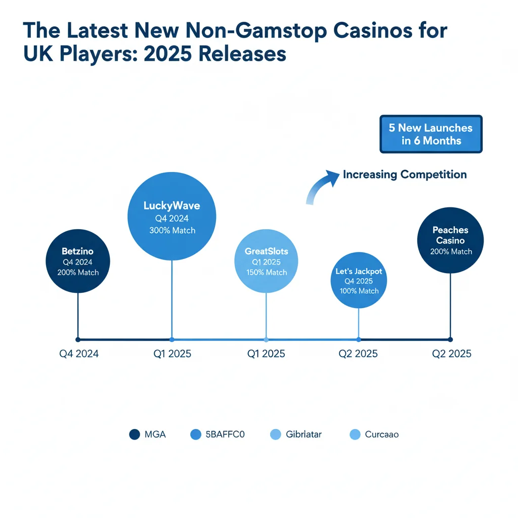 New non-Gamstop casinos 2025 launch timeline with bonus amounts and license types displayed as bubbles