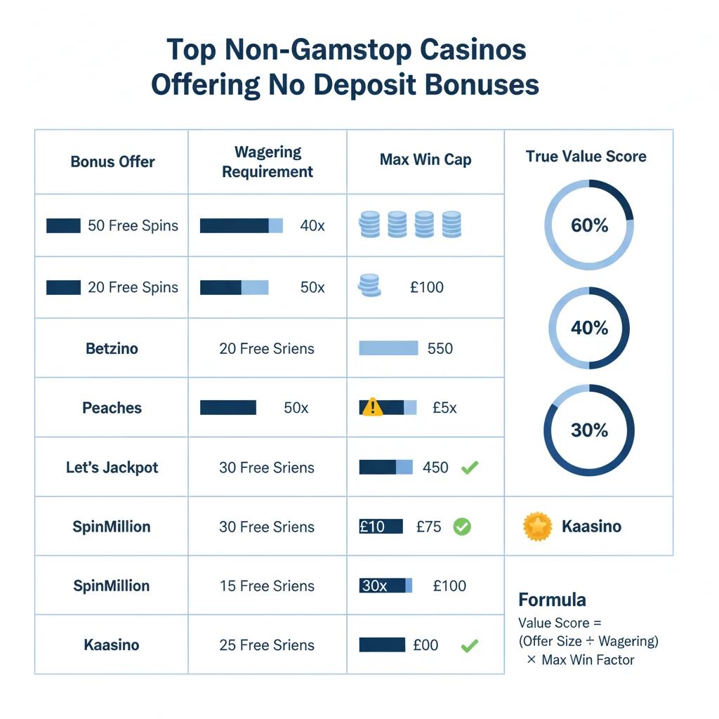 No deposit bonus value matrix showing wagering requirements, max win caps and true value scores