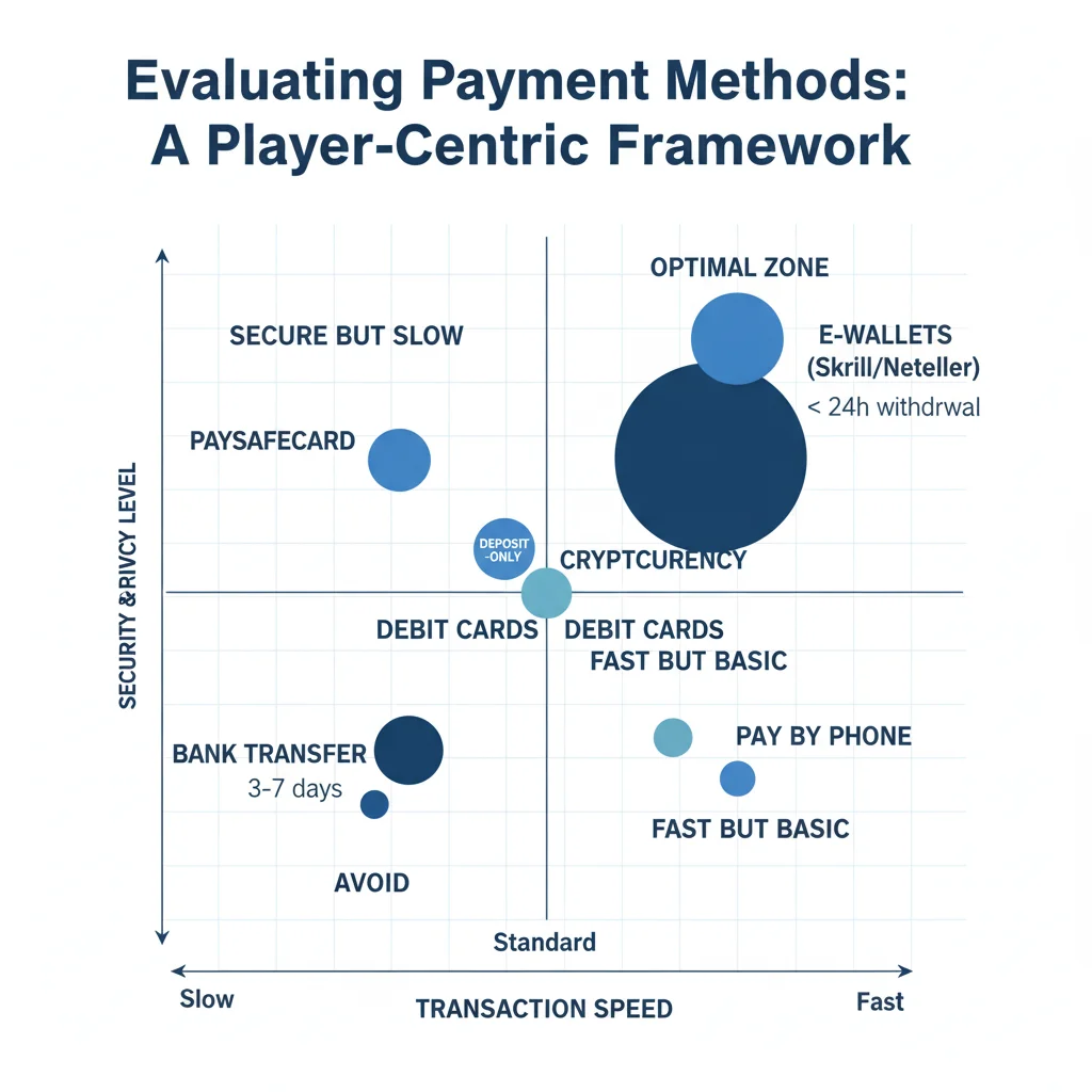 Payment methods positioning matrix comparing transaction speed versus security for e-wallets, crypto and bank transfers
