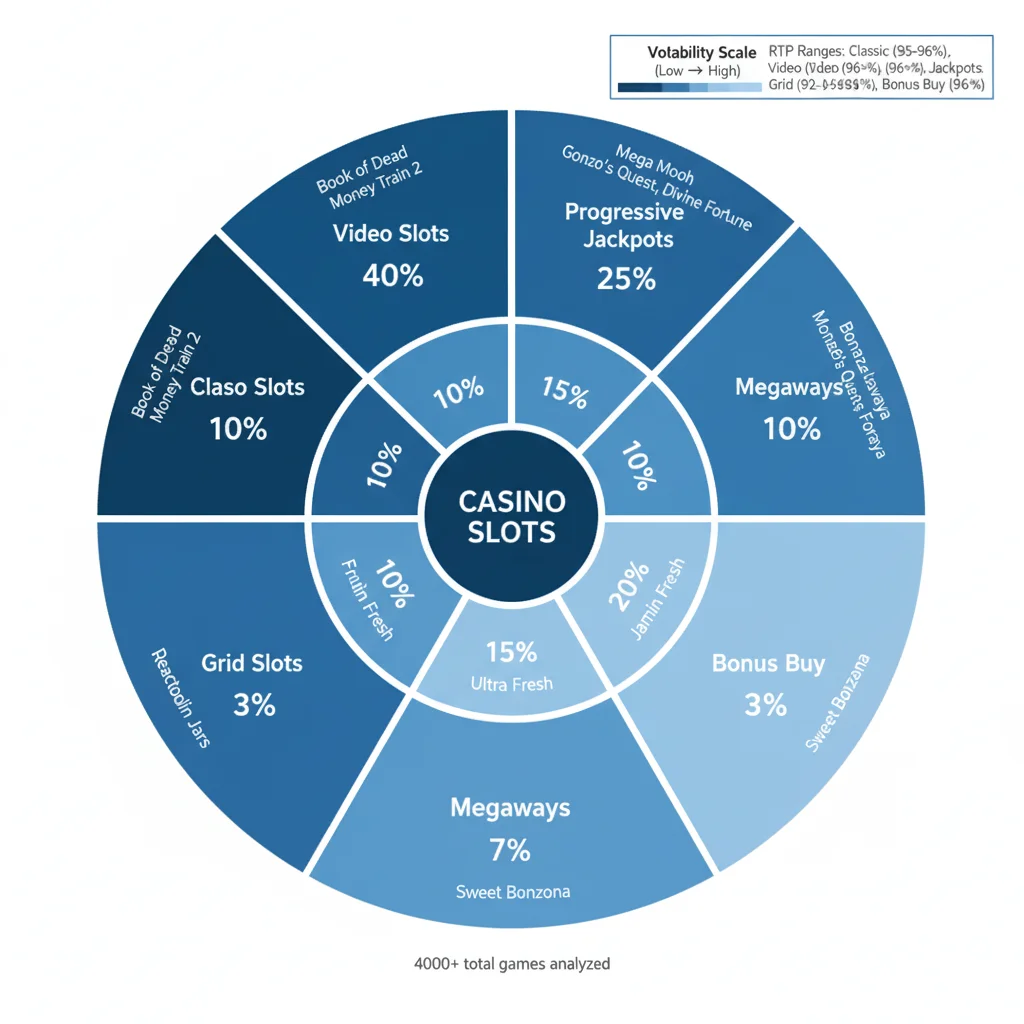 Slot games categorization sunburst wheel showing classic, video, Megaways, progressive jackpots and grid slots distribution