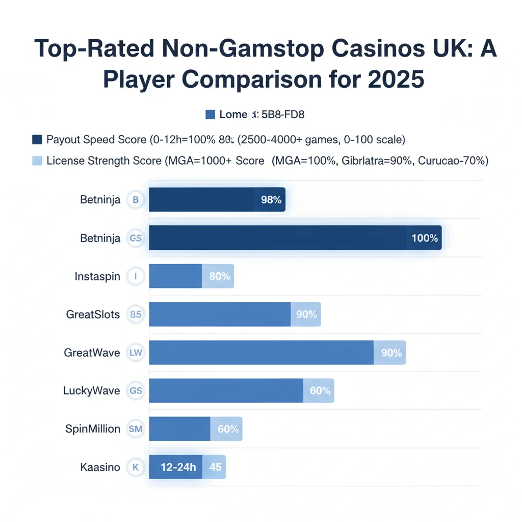 UK non-Gamstop casinos comparison bar chart showing payout speed, game library and license strength scores
