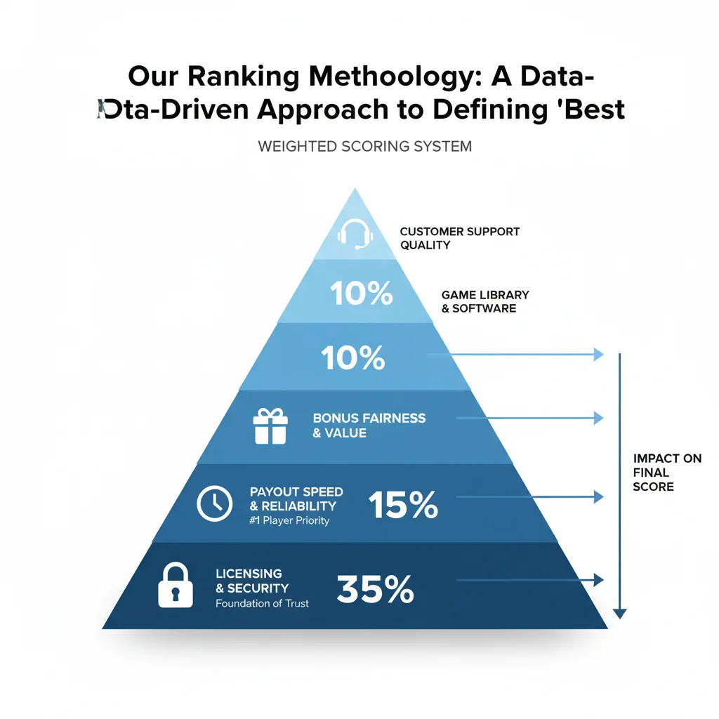Casino ranking methodology pyramid diagram showing five evaluation criteria with percentage weights from security to support
